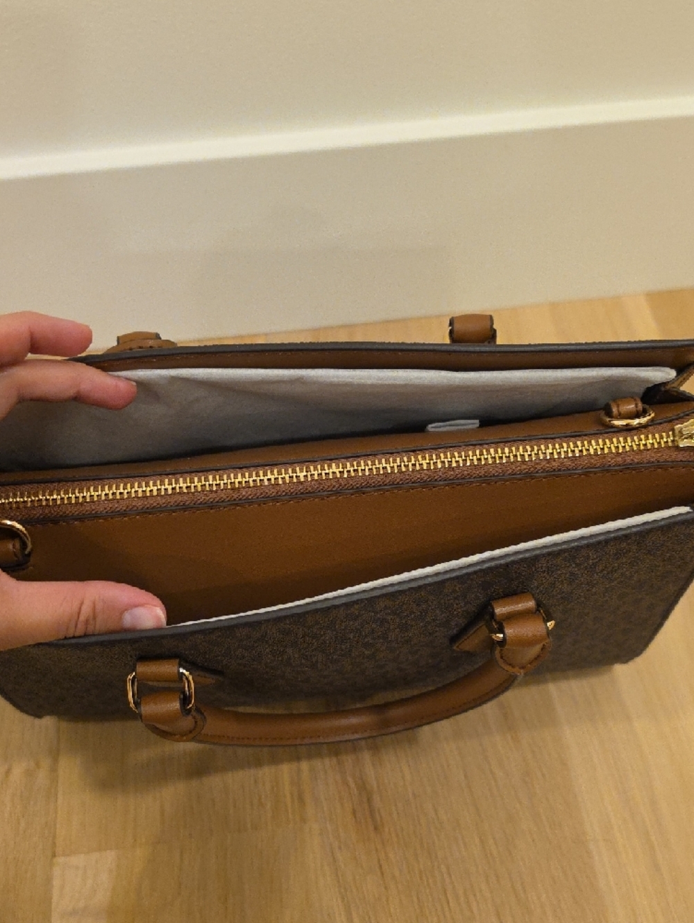 Michael Kors Brown Logo Satchel with Tan Trim and Gold Hardware - Picture 6 of 8